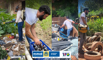 Colagem de quatro fotos mostrando ações de limpeza urbana em Muriaé, incluindo coleta de garrafas, organização de pneus, uso de soprador de folhas e separação de materiais recicláveis, como parte de uma iniciativa da Secretaria de Saúde em comemoração aos 170 anos da cidade.