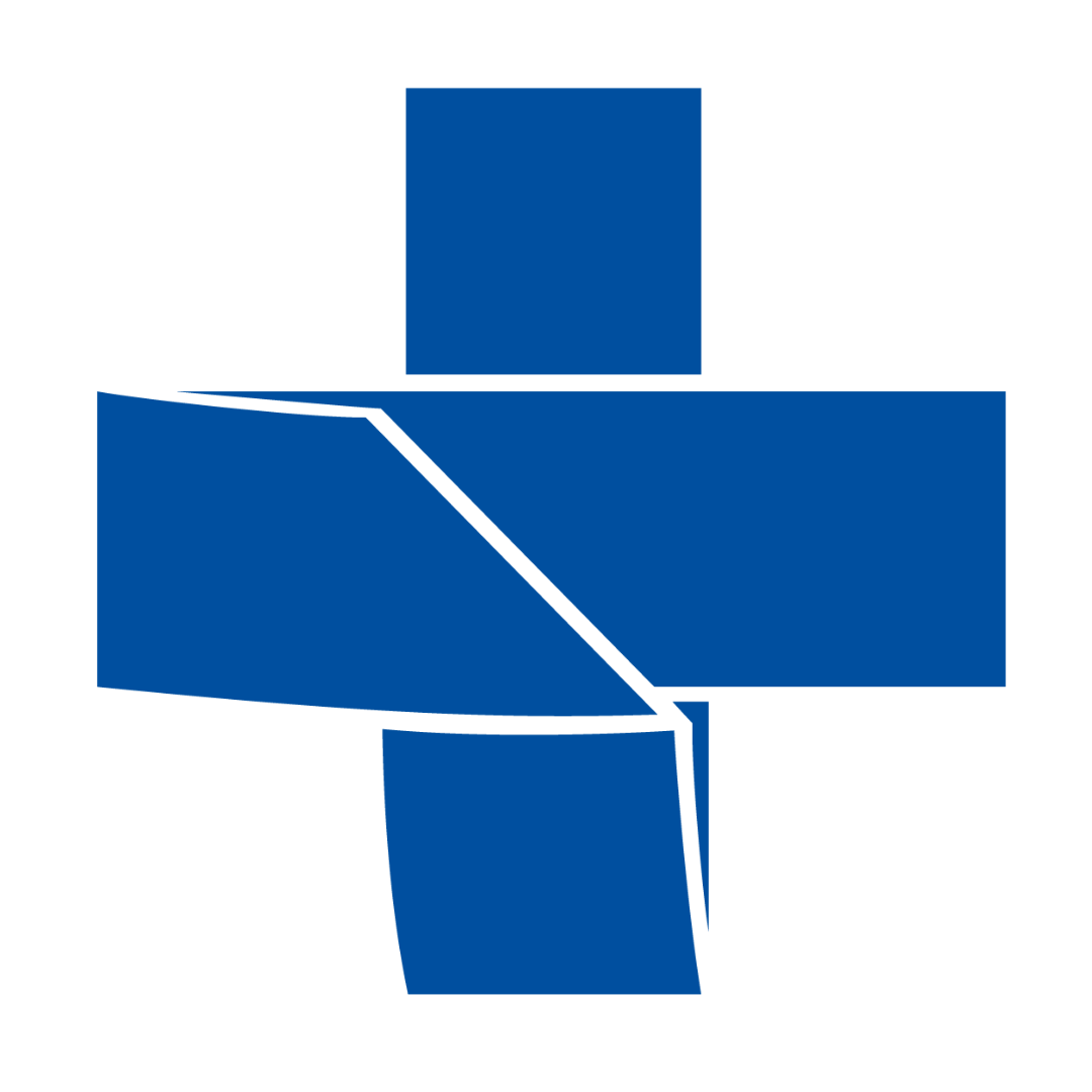 Um símbolo formado por uma cruz vermelha com contornos amarelos e uma linha curva amarela que a atravessa